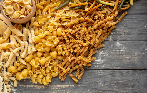 composition of raw Italian pasta, different type and shape of pasta and spaghetti 
