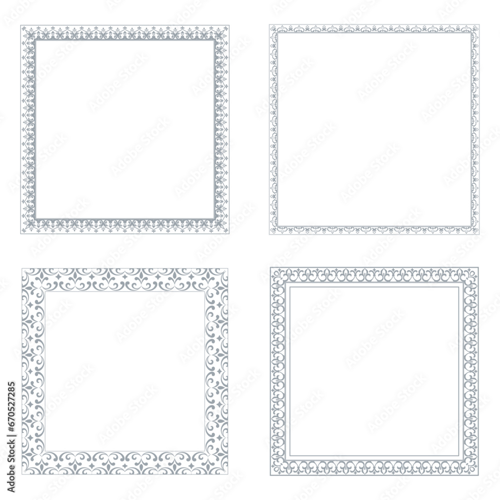 Set of decorative frames Elegant vector element for design in Eastern style, place for text. Floral gray and white borders. Lace illustration for invitations and greeting cards Set of decorative frames Elegant vector element for design in Eastern style, place for text. Floral gray and white borders. Lace illustration for invitations and greeting cards