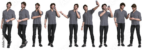 3D render : smiling young man character with smart phone in his hand with different body posture, PNG transparent
