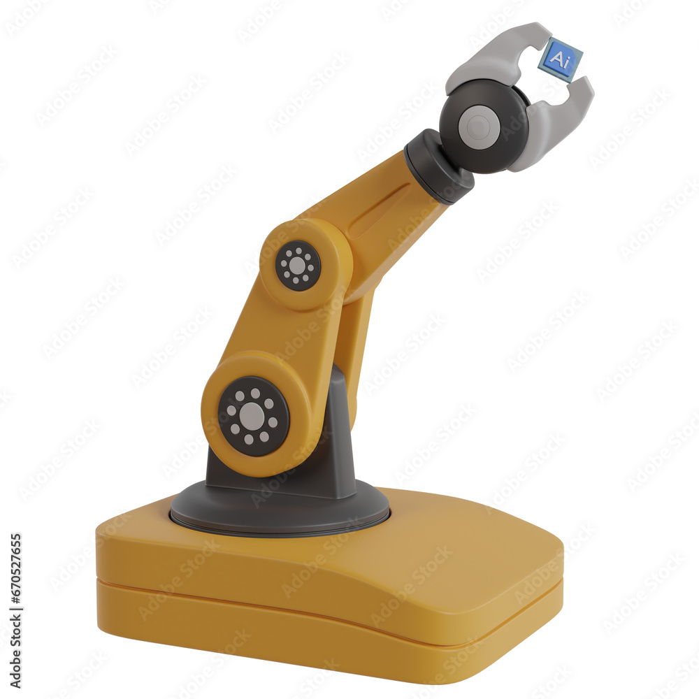 3d illustration of Mechanical arm holding pcesser chip cartoon style, science and business, Technology and engineering concept. 3d rendering 3d illustration of Mechanical arm holding pcesser chip cartoon style, science and business, Technology and engineering concept. 3d rendering