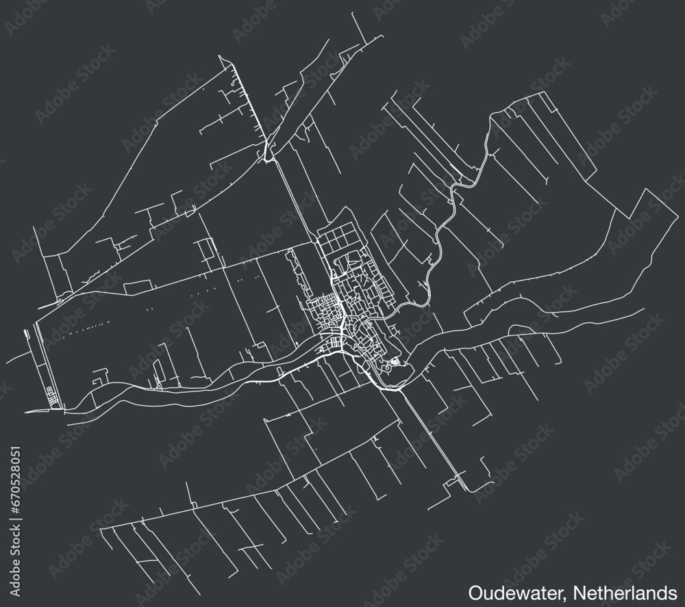Detailed hand-drawn navigational urban street roads map of the Dutch city of OUDEWATER, NETHERLANDS with solid road lines and name tag on vintage background