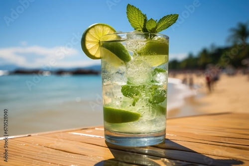 close-up of a mojito cocktail with a beach in the background
