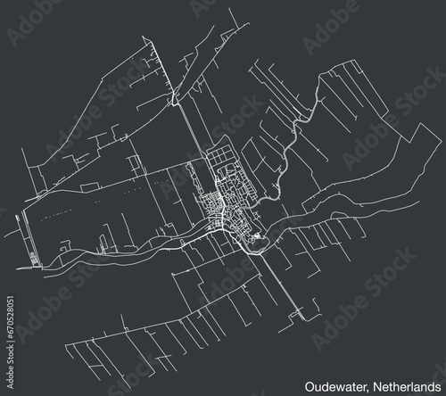 Detailed hand-drawn navigational urban street roads map of the Dutch city of OUDEWATER, NETHERLANDS with solid road lines and name tag on vintage background