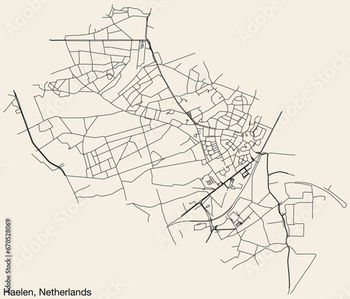 Detailed hand-drawn navigational urban street roads map of the Dutch city of HAELEN, NETHERLANDS with solid road lines and name tag on vintage background