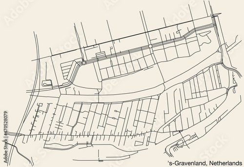 Detailed hand-drawn navigational urban street roads map of the Dutch city of 'S-GRAVENLAND, NETHERLANDS with solid road lines and name tag on vintage background