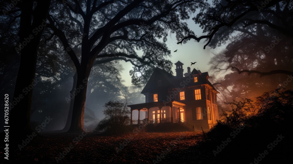 Haunted house with dark horror atmosphere. Haunted scene house. Generative AI Haunted house with dark horror atmosphere. Haunted scene house. Generative AI