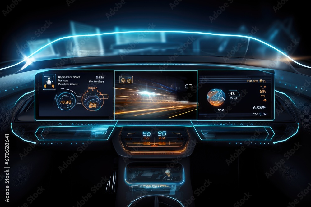 Technology on a new car dashboard. Generative AI Technology on a new car dashboard. Generative AI