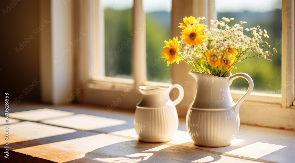 Jug with flowers at home by the window. Generative AI Jug with flowers at home by the window. Generative AI