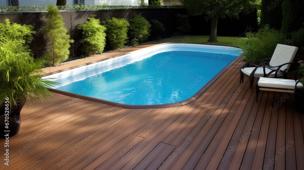 Swimming pool and decking in garden of luxury home. Generative AI