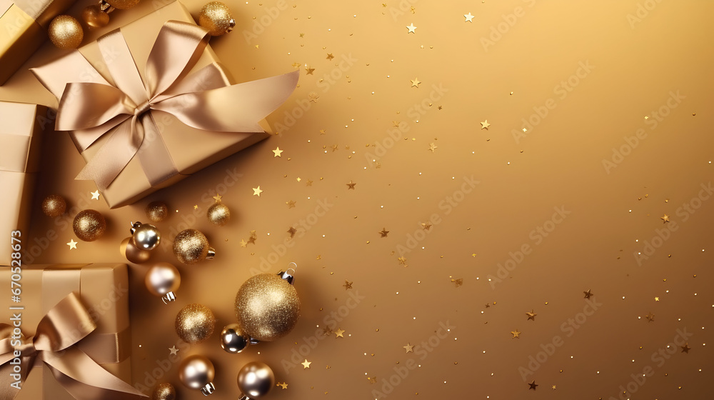 Christmas gift and golden ribbon, star and decoration group on a gold surface. Flat lay, top view, copyspace.