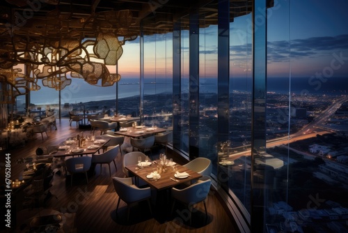 Panoramic hotel restaurant overlooking the ocean or cityscape. Generative AI