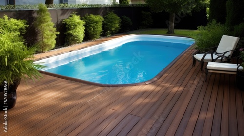 Swimming pool and decking in garden of luxury home. Generative AI © kardaska