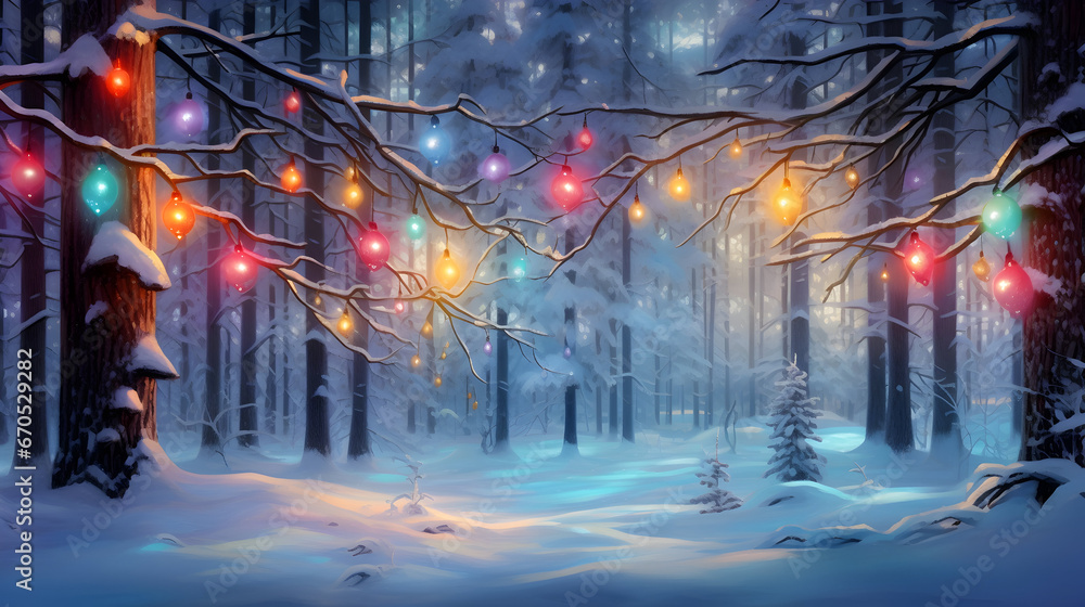 Colorful Christmas lights in a winter forest at the evening with sunset.
