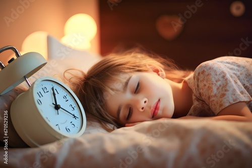 kids sleeping in her bed and alarm clock