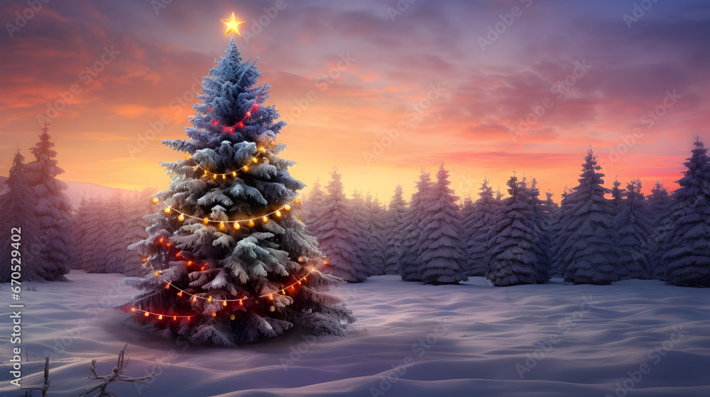 Decorated Christmas tree with colorful lights inside a winter countryside in the evening with snow covered surface and trees, mountains in the background and sunset.
