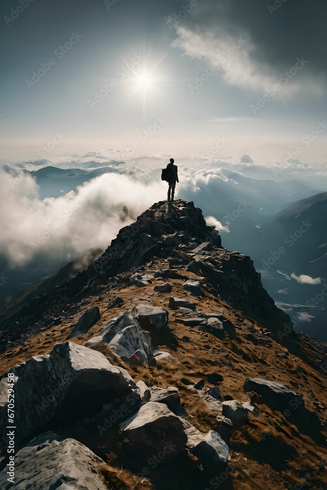 A man on top of a mountain with only clouds around him
