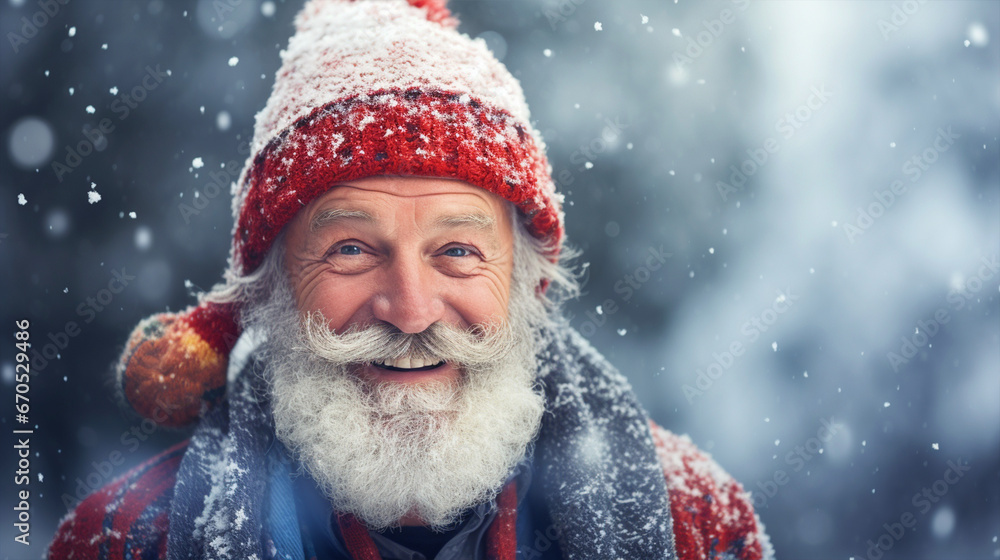 Smiling old man wearing winter clothes portrait in icy weather - ai generative Smiling old man wearing winter clothes portrait in icy weather - ai generative