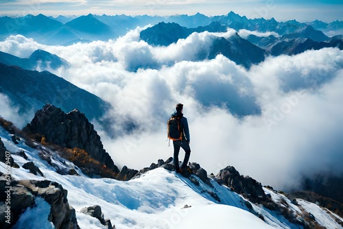 A man on top of a mountain with only clouds around him 