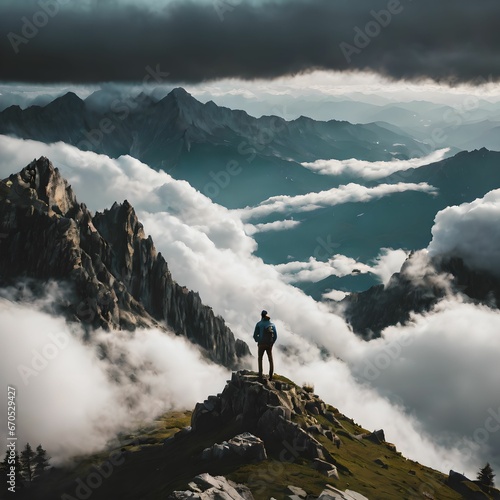 A man on top of a mountain with only clouds around him 