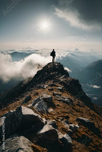 A man on top of a mountain with only clouds around him 