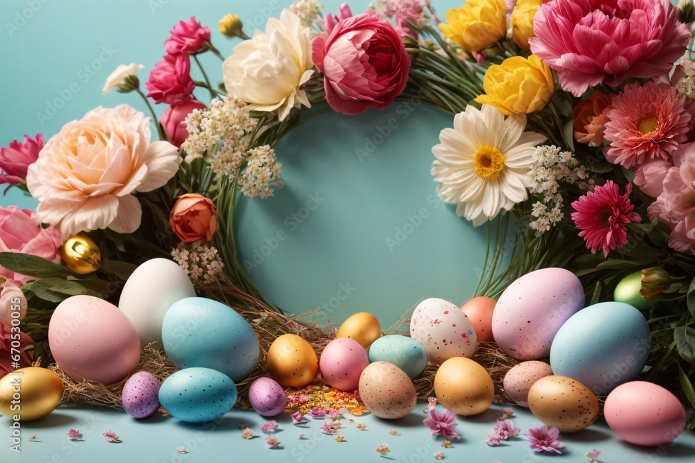 Realistic Easter greeting card, banner with flowers, Easter eggs and and flowers with copy space. Generative Ai. Realistic Easter greeting card, banner with flowers, Easter eggs and and flowers with copy space. Generative Ai.