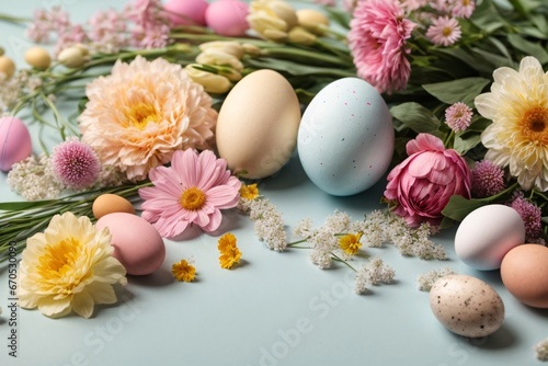 Realistic Easter greeting card, banner with flowers, Easter eggs and and flowers with copy space. Generative Ai.