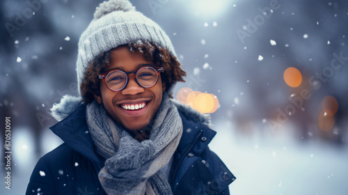 Smiling man wearing winter clothes portrait in icy weather - ai generative