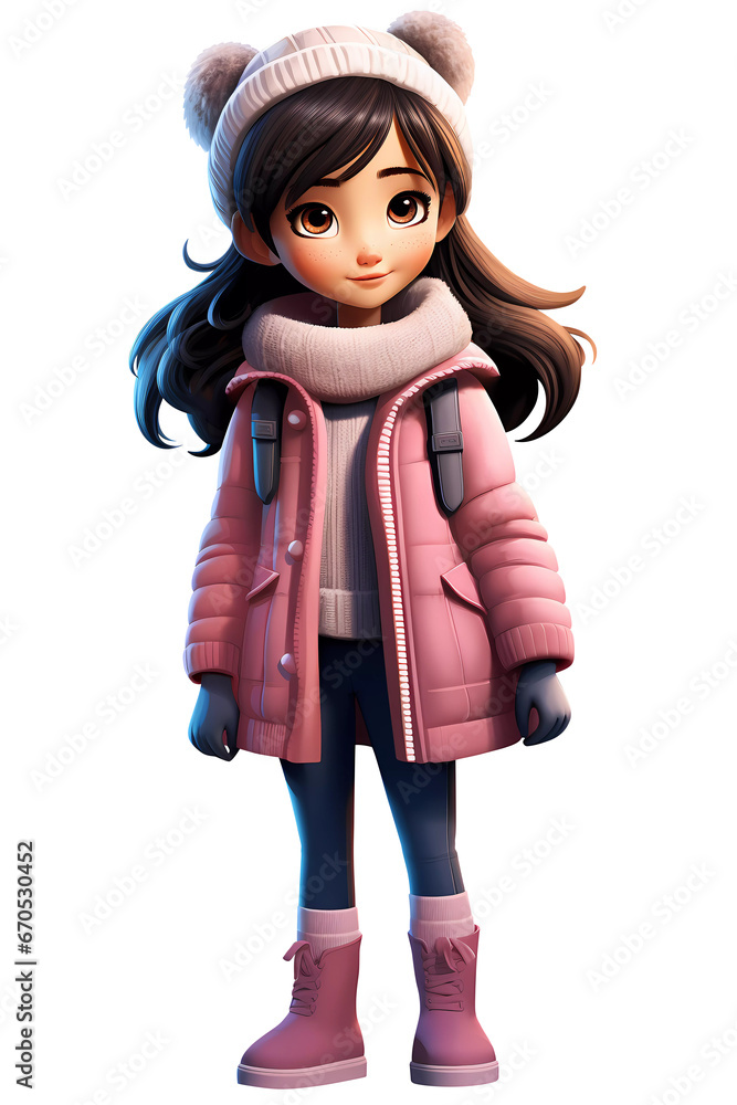 Cute Girl Dressed in Winter Clothes Happy Cartoon Character
