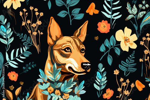 Image of pattern design using dog and flowers and leaves. Pet. Animals. Illustration, Generative AI.