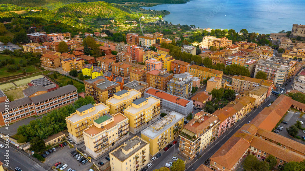 Aerial view of Bracciano, in the metropolitan city of Rome, Italy. The town is located on the shores of Lake Bracciano.