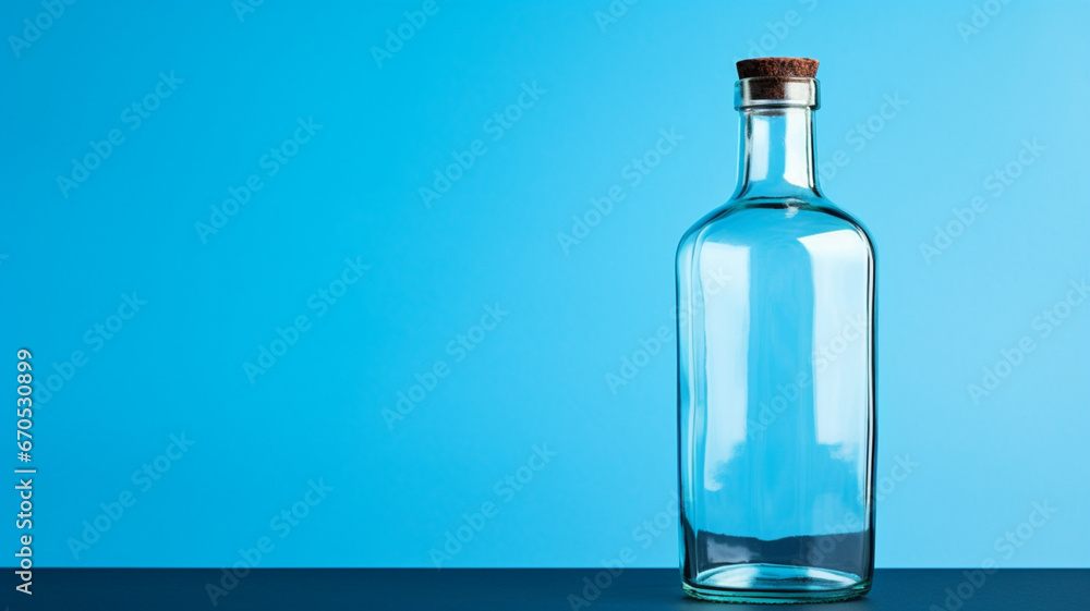Empty Glass Bottle on Blue Background Generative AI Empty Glass Bottle on Blue Background Generative AI