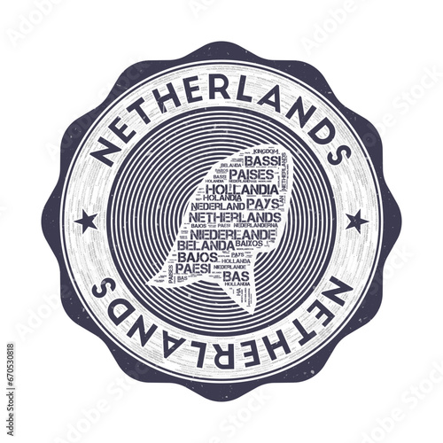 Netherlands seal. Country round logo with shape of Netherlands and country name in multiple languages word cloud. Artistic emblem. Modern vector illustration.