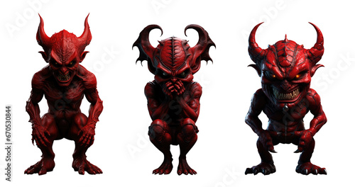 Collection of little evil red devils. Transparent PNG background. 