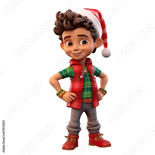 3d Christmas character black latin boy in christmas clothing  isolated on white transparent background 