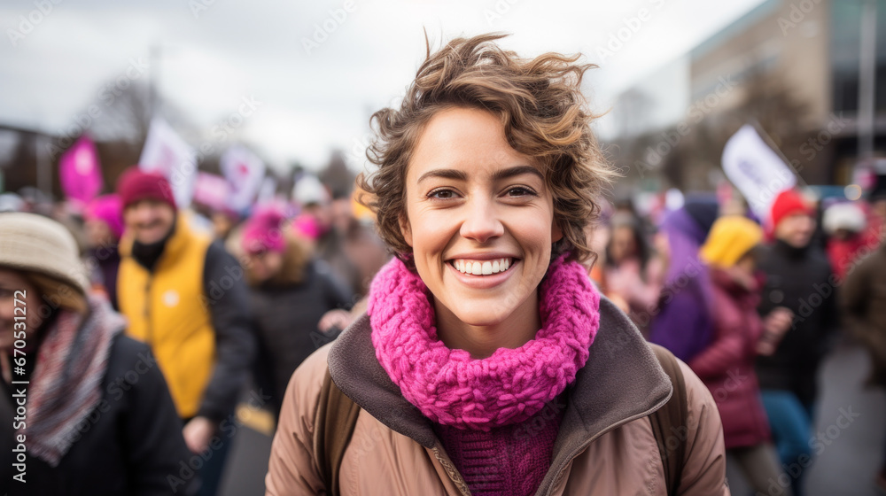 Thirty years old woman smiling at a street demonstration Thirty years old woman smiling at a street demonstration
