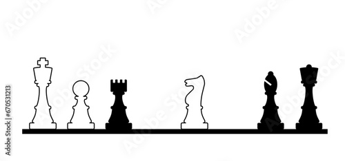 Chess Board Setup. Vector icon or symbol. Black and white chess board pieces. Flat style the starting positions figures pieces tournament strategy silhouette. checker board. Square checkered print