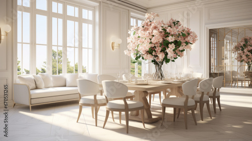 Neoclassical bright dining room interior with floral decoration.