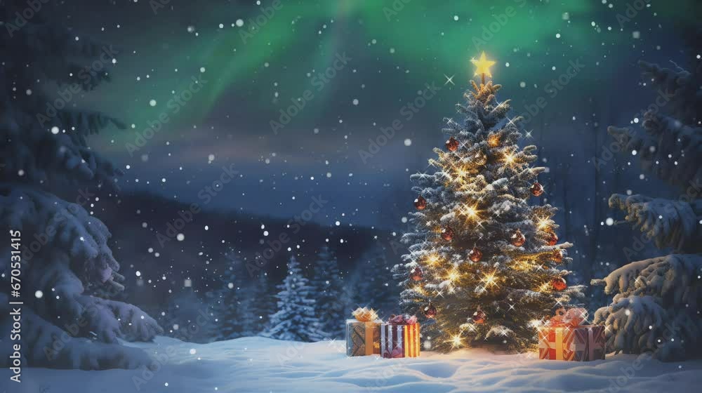 Christmas winter background with decorated pine tree and christmas gifts in the snowy landscape, looping video animation
