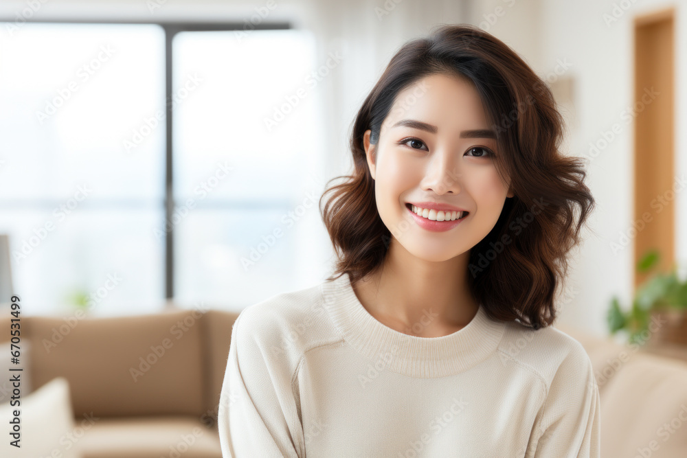 Beautiful Korean woman smiling while sitting in the living room.