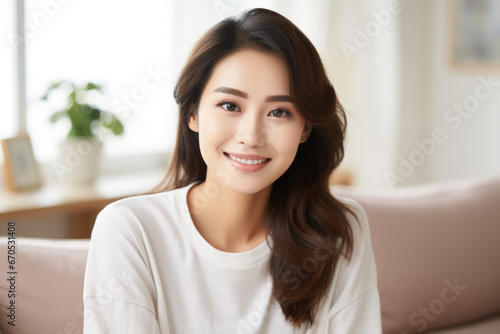 Beautiful Korean woman smiling while sitting in the living room.
