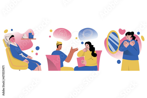 Set concept Mental health with people scene in the flat cartoon design. Young people have become attentive to their spiritual well-being and take care of it. Vector illustration.