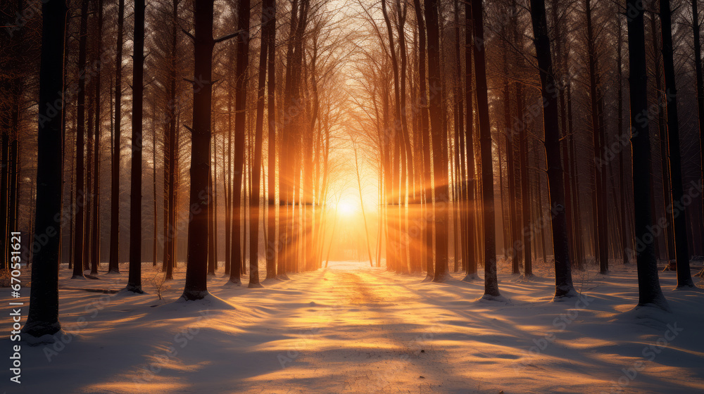 Escena de invierno, bosque nevado al atardecer con la luz del sol entre los árboles. - obrazy, fototapety, plakaty 