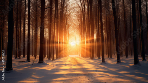 Escena de invierno, bosque nevado al atardecer con la luz del sol entre los árboles. photo