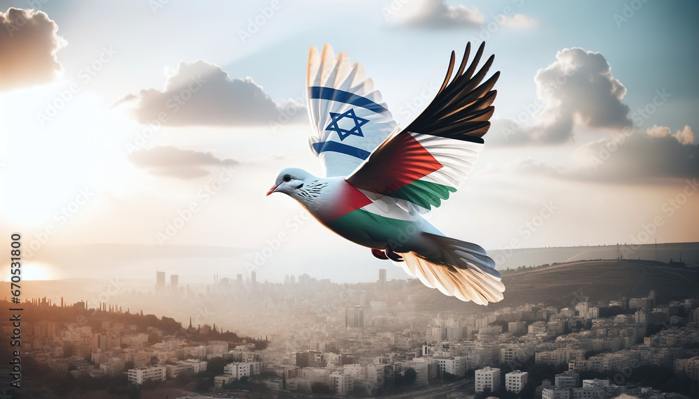 Israel and Palestine National Flags Dove flying over a Peaceful Cityscape, symbolizing unity on blue sky landscape. Gaza Strip War Conflict. Geopolitical Warfare crisis. Hamas Middle East security - obrazy, fototapety, plakaty 