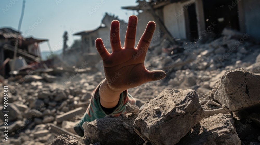 Child's hand crushed by concrete in earthquake site, disaster concept