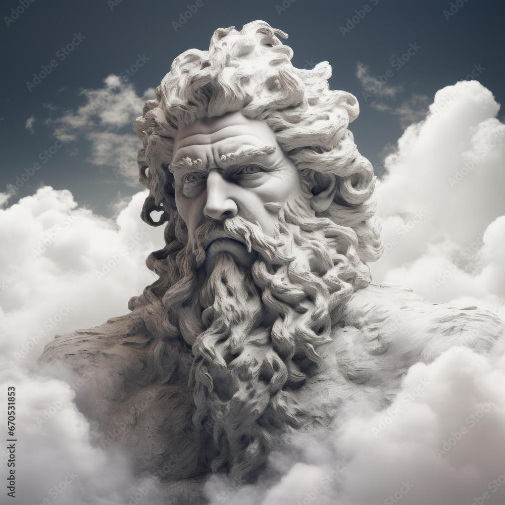 Escultura de un dios entre las nubes. Zeus. - obrazy, fototapety, plakaty 