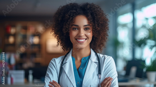 A happy black woman, doctor or portrait with arms crossed in hospital for trust, confidence or smile in medical clinic for professional about us.
