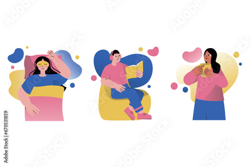Set concept Mental health with people scene in the flat cartoon design. Young people in a good mood are engaged in everyday activities that are necessary for mental health. Vector illustration.