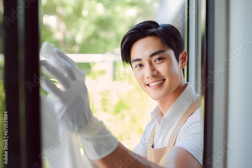 Smiling Young Asian Man is Cleaning the House with Gloves