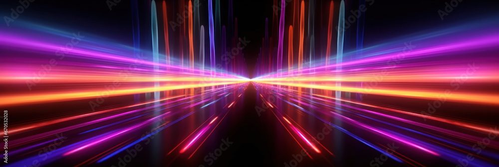 Fototapeta premium Blurred of Neon futuristic flashes on black background. Motion light lines backdrop.